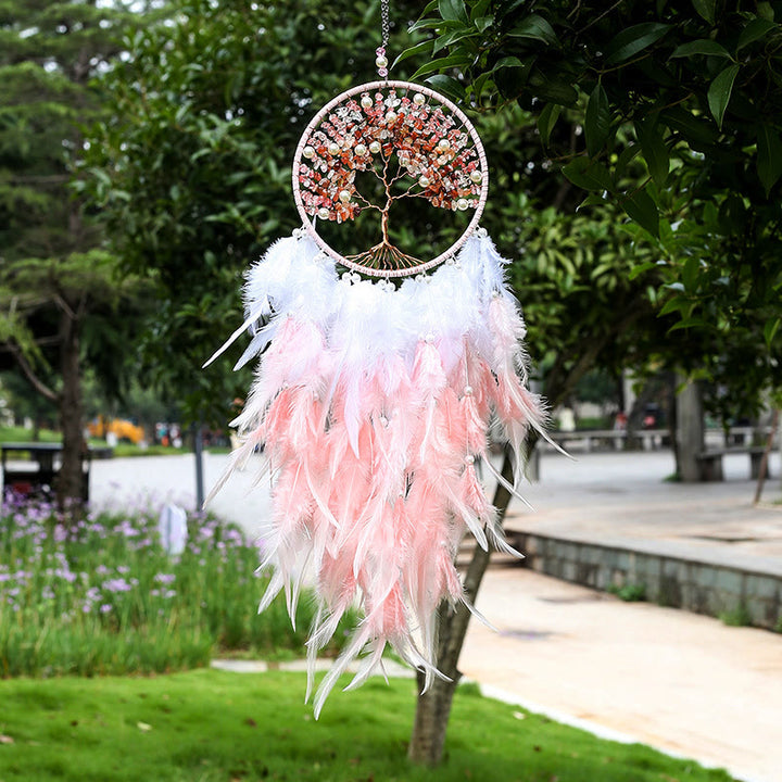Atrapasueños de plumas rosas con forma de árbol de la vida de cristal de Olivenorma