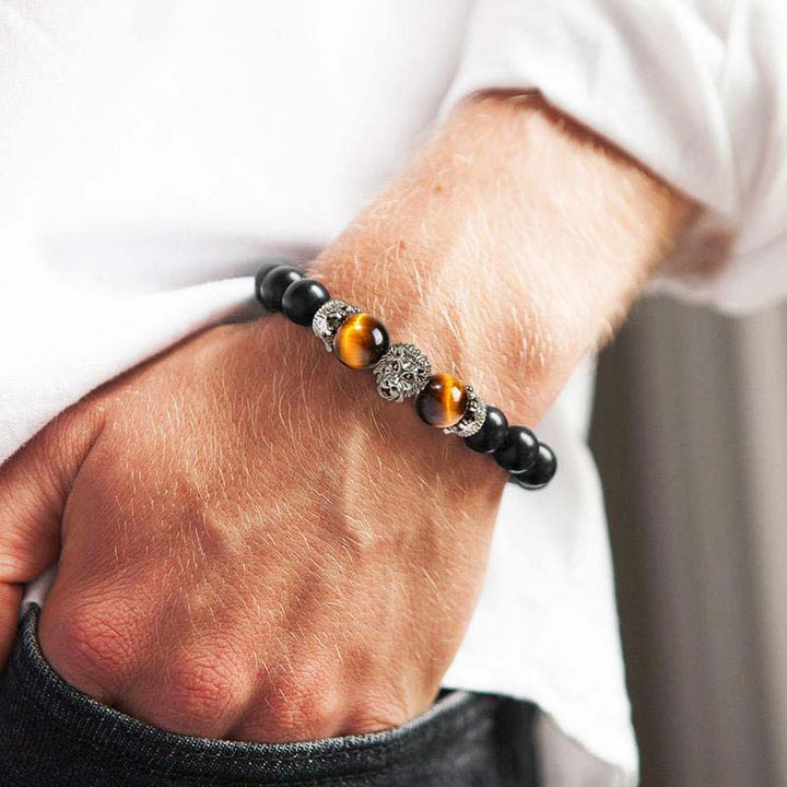 Pulsera con símbolo de león y piedra de cristal natural de Olivenorma