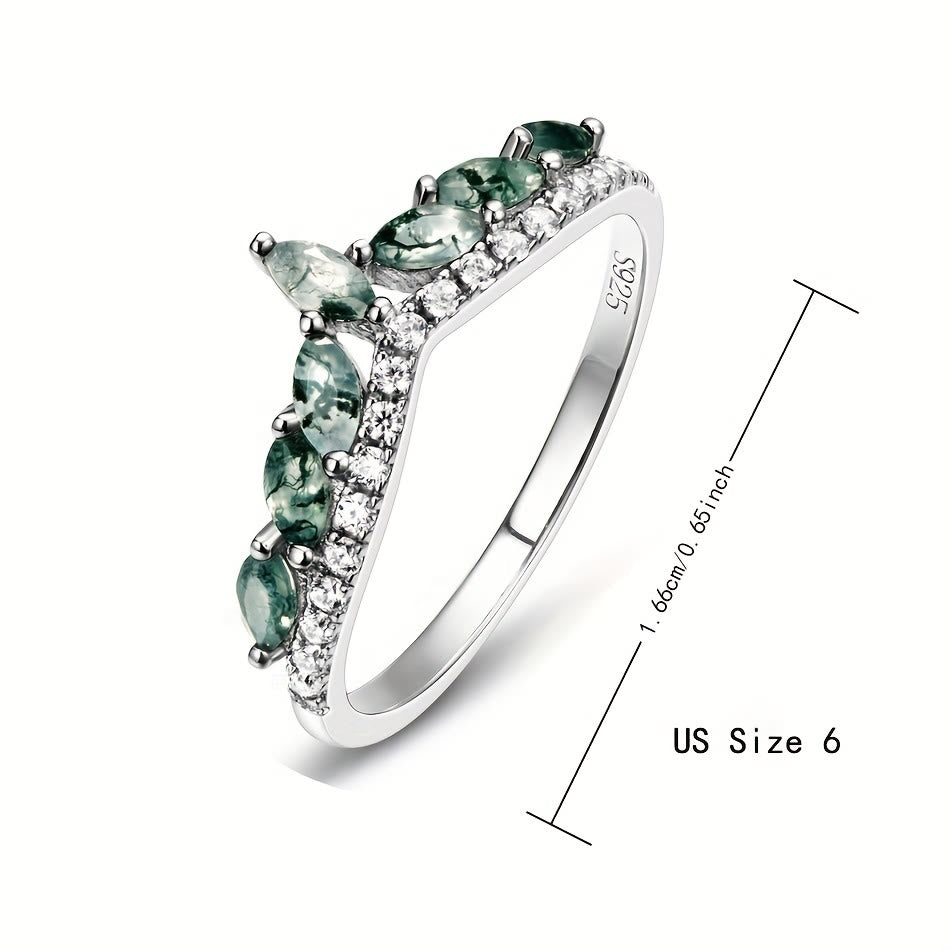 Anillo de plata de ley 925 con corona de circonita blanca y ágata musgosa de Olivenorma