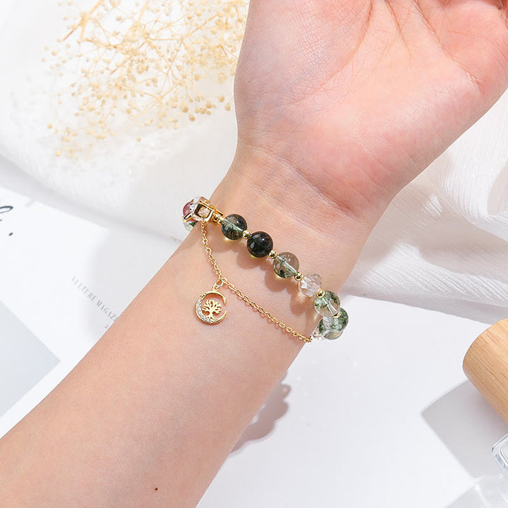 Pulsera con colgante de árbol de la vida y cuentas de ágata musgosa de Olivenorma