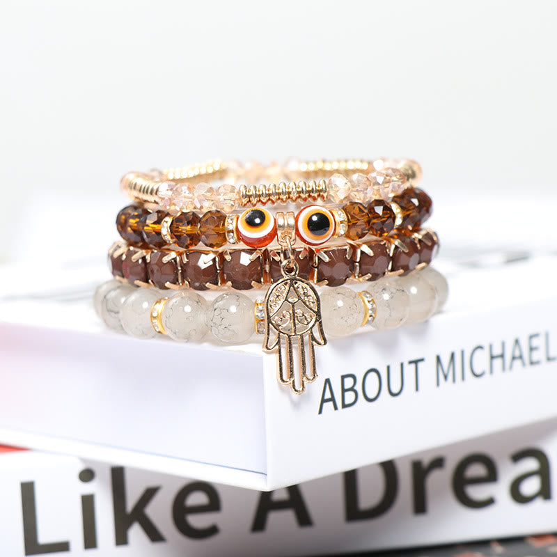 Juego de pulseras de cuentas de cuatro capas con ojo turco y hamsa de Olivenorma 