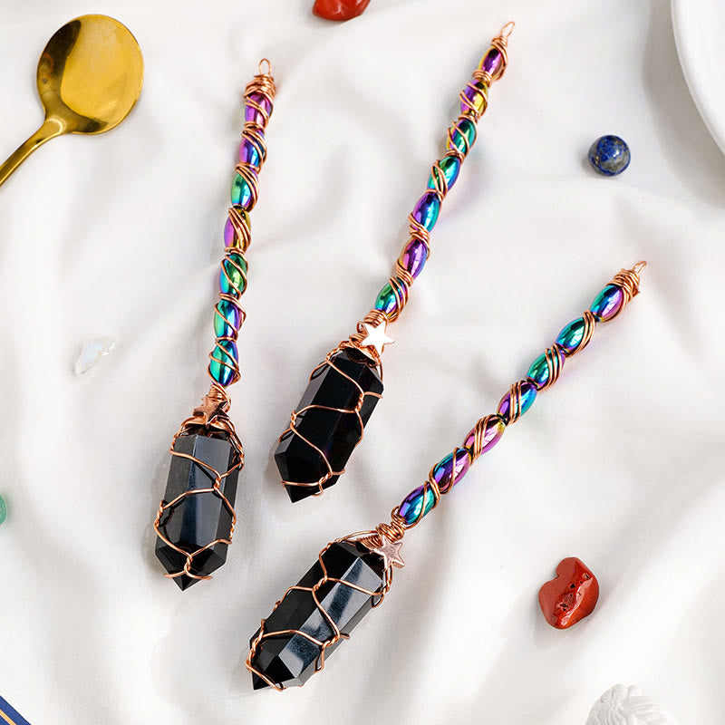 Varitas mágicas de cristal enrolladas con alambre de oro y obsidiana de Olivenorma 