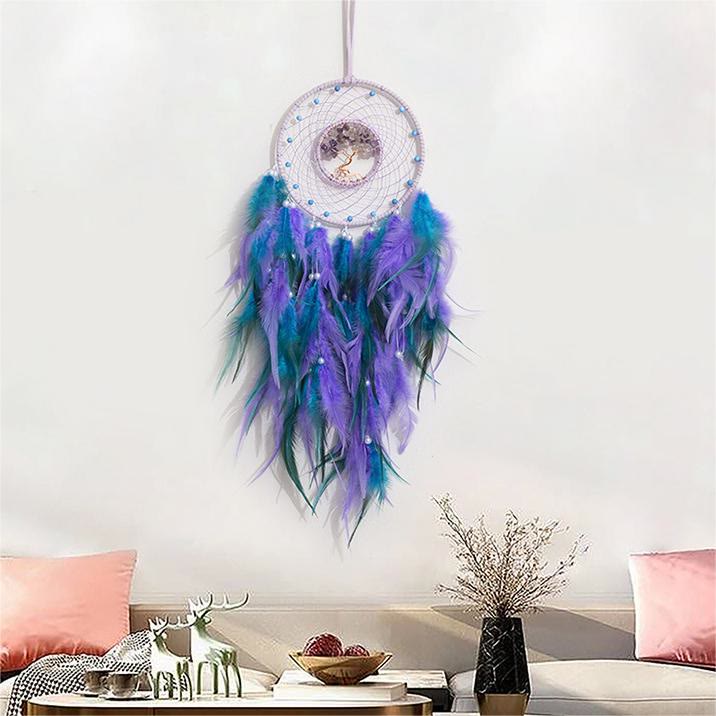 Atrapasueños con plumas de árbol de la vida de cristal de Olivenorma