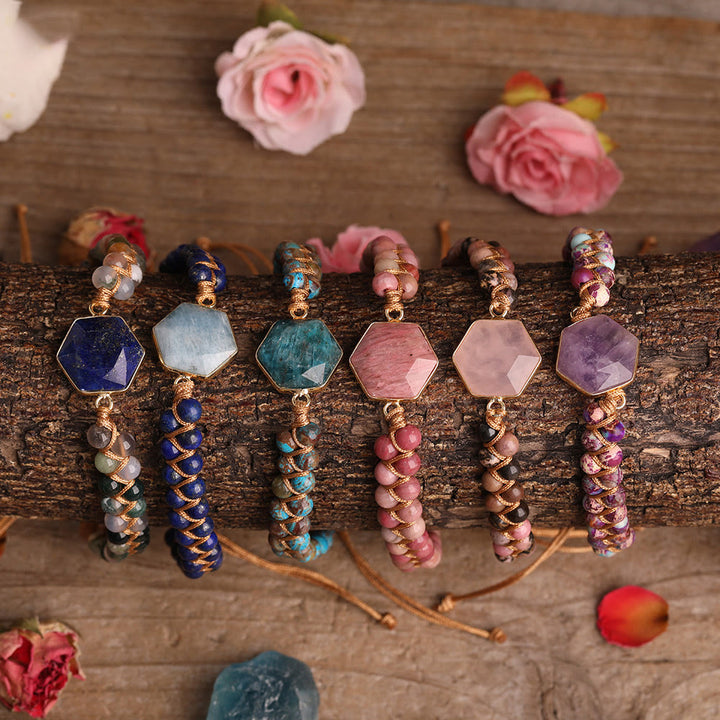 Pulsera trenzada de cuentas hexagonales de cristal crudo de Olivenorma