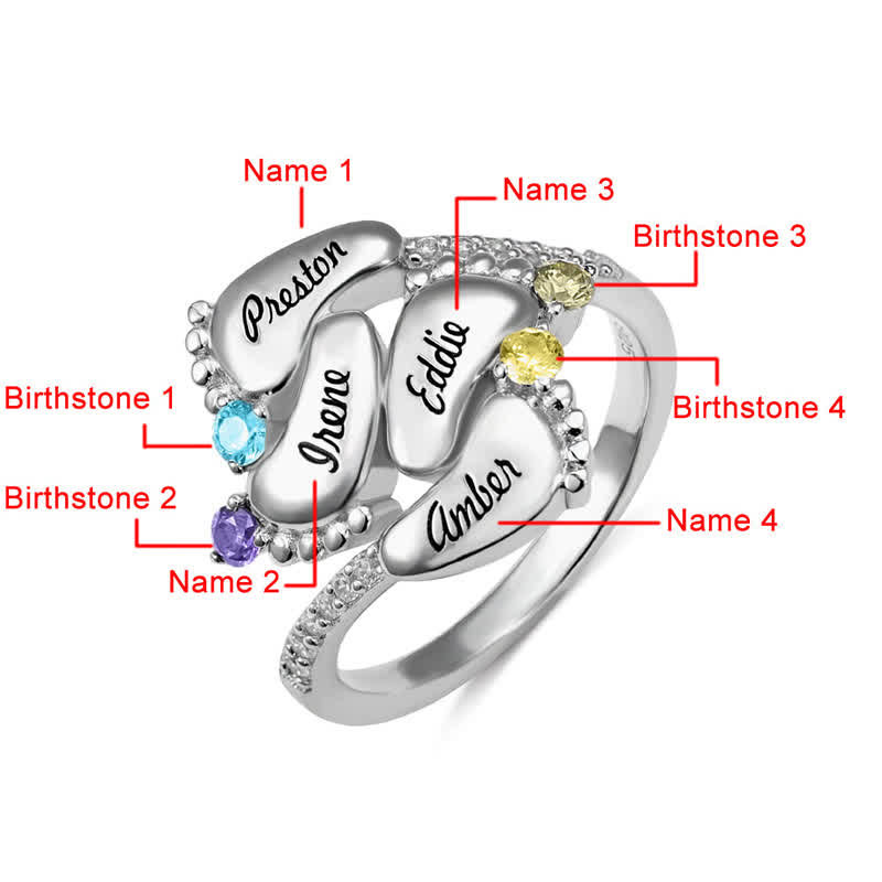 Anillo con piedras de nacimiento grabadas con pies de bebé de Olivenorma Creative