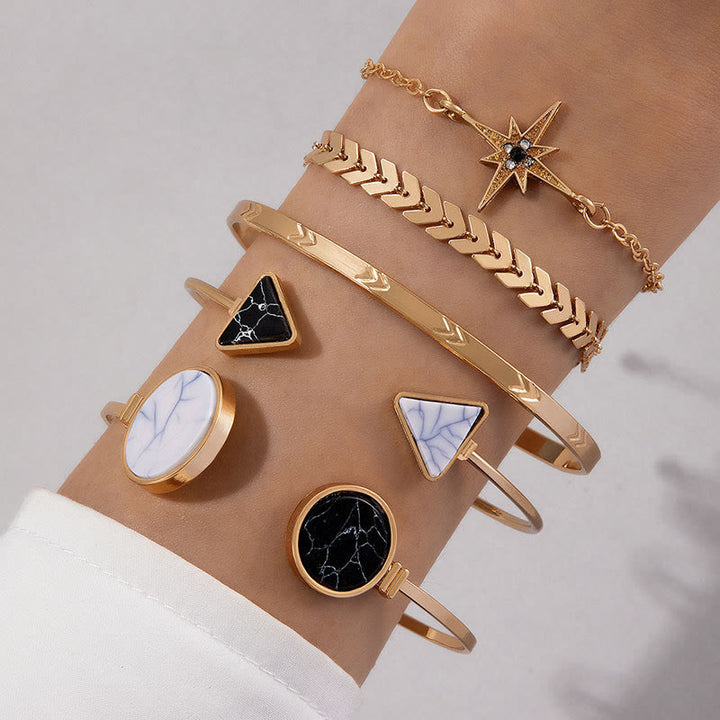 Conjunto de cinco pulseras abiertas de aleación de piedra natural Olivenorma