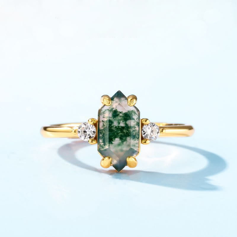 Anillo ajustable de ágata musgosa hexagonal con circonita blanca S925 de Olivenorma 