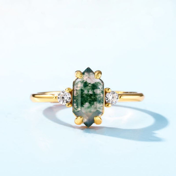 Anillo ajustable de ágata musgosa hexagonal con circonita blanca S925 de Olivenorma 