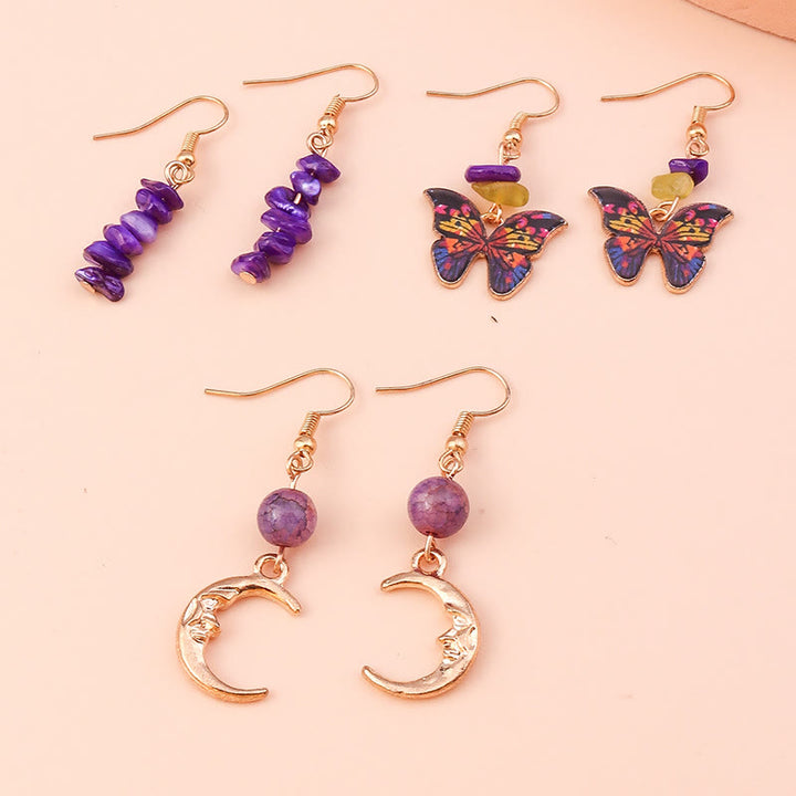 Juego de pendientes con colgante de mariposa y luna de ágata morada y amatista de Olivenorma