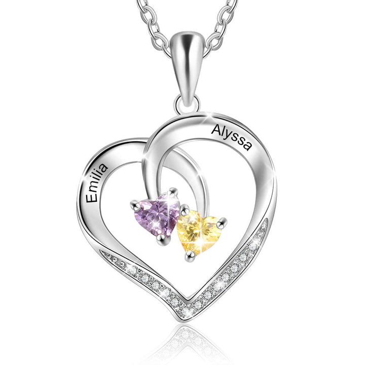 Collar con nombre grabado y dos piedras de nacimiento con promesa de corazón personalizado de Olivenorma