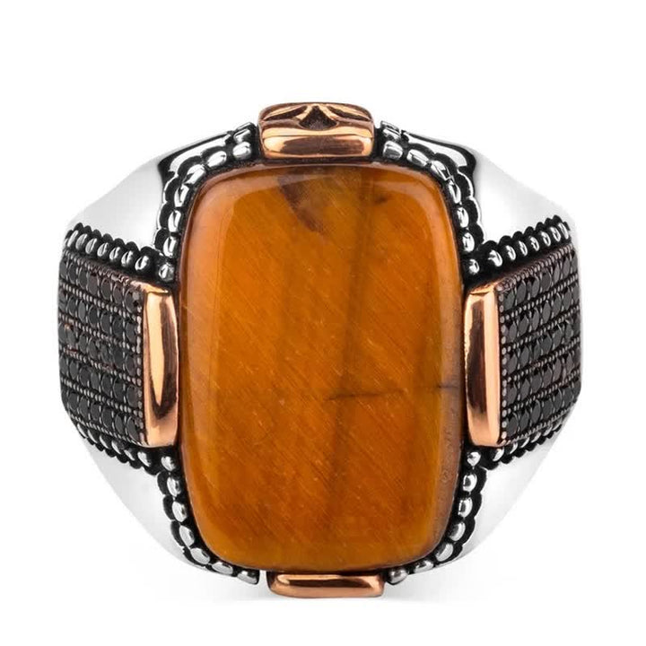 Anillo de ala ancha para hombre con ojo de tigre cuadrado de Olivenorma