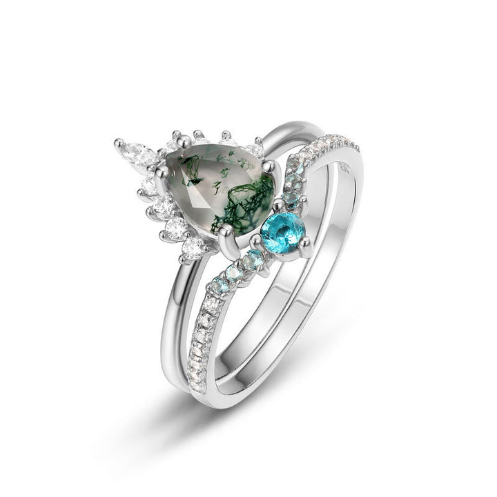 Anillo de plata 925 con ágata musgosa de Olivenorma y turmalina de Paraíba, 2 piezas