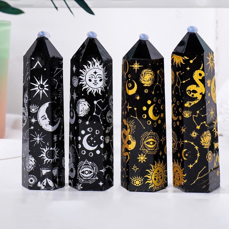Varitas de cristal hexagonales de torre de cristal de obsidiana de Olivenorma 