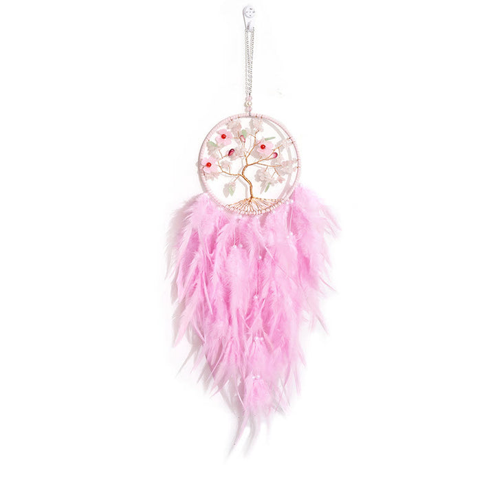 Atrapasueños de plumas rosas con forma de árbol de la vida de cristal de Olivenorma