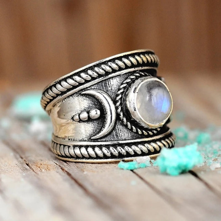 Anillo de piedra lunar bohemio Olivenorma en plata de ley