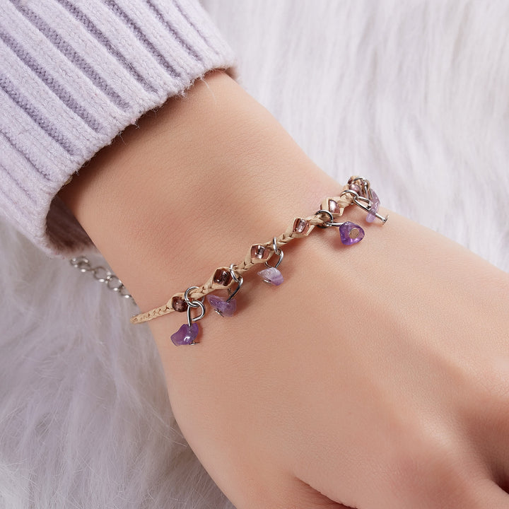 Pulsera trenzada con borlas de obsidiana, ojo de tigre y amatista de Olivenorma