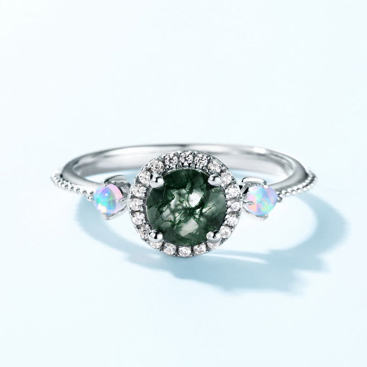 Anillo de lujo con ágata musgosa redonda y ópalo claro de Olivenorma 