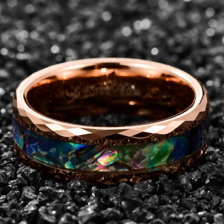 Anillo de carburo de tungsteno con concha de abulón y madera de koa de Olivenorma 