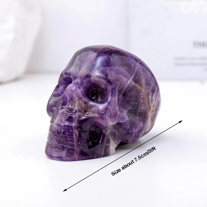 Estatua de calavera de amatista de 3 pulgadas de Olivenorma, piedra preciosa curativa decorativa 