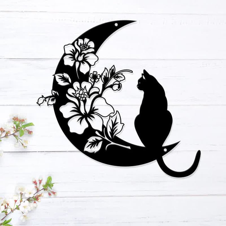 Decoración de pared de metal con forma de luna creciente y gato de Olivenorma