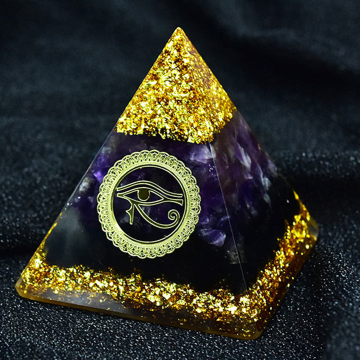 Pirámide de orgón con símbolo del ojo de Horus, amatista y obsidiana de Olivenorma 