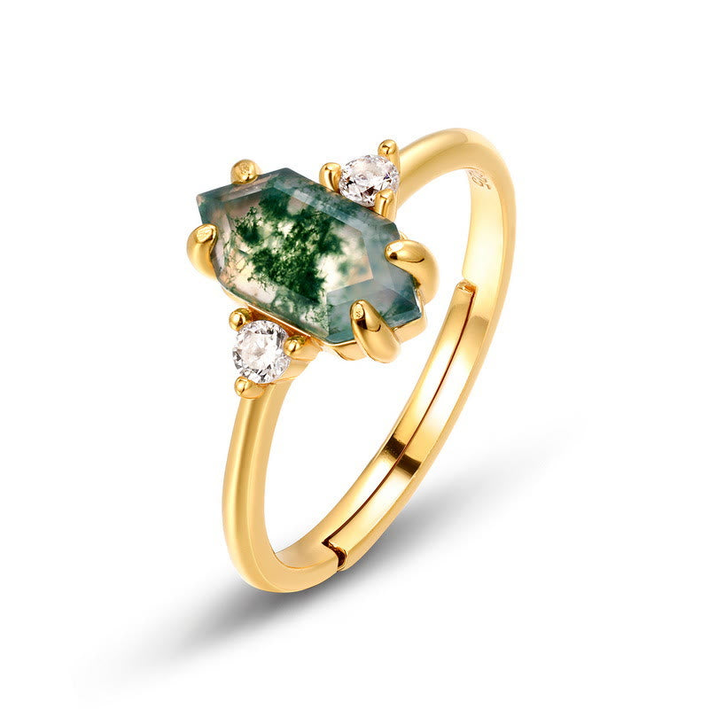 Anillo ajustable de ágata musgosa hexagonal con circonita blanca S925 de Olivenorma 