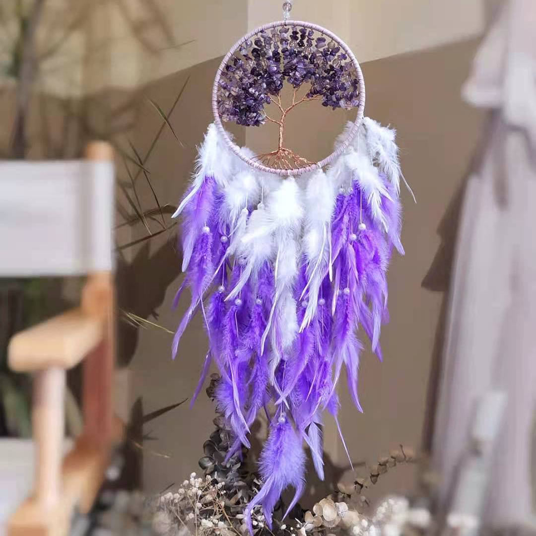Atrapasueños morado con árbol de la vida de cristal curativo de Olivenorma 