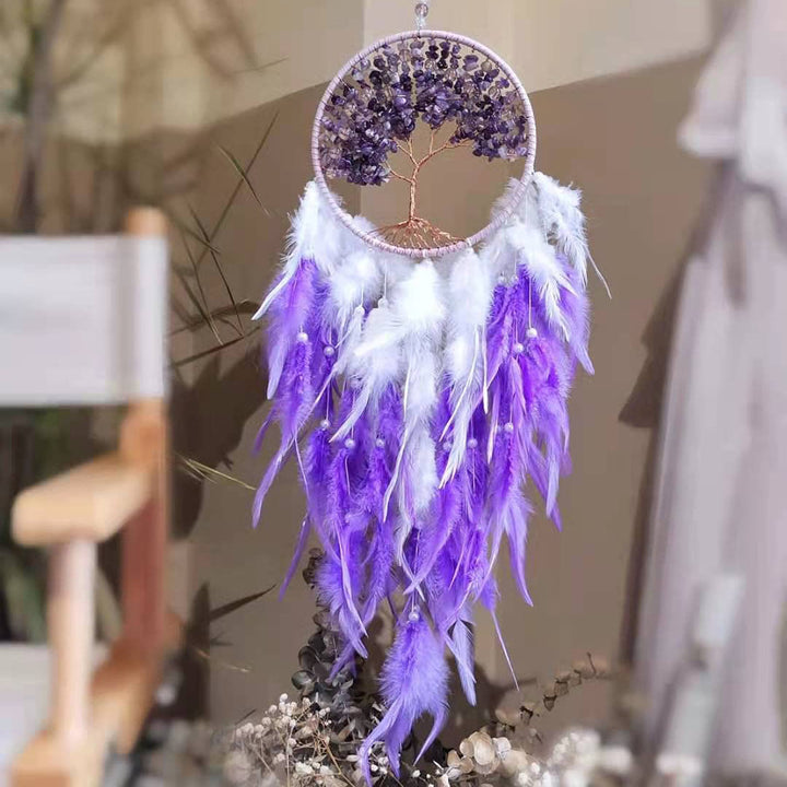 Atrapasueños morado con árbol de la vida de cristal curativo de Olivenorma 