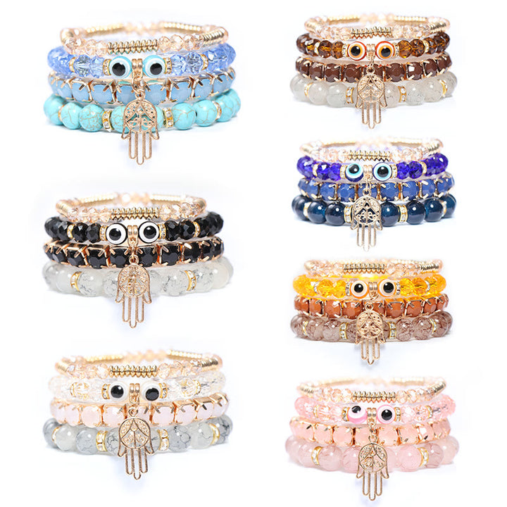 Juego de pulseras de cuentas de cuatro capas con ojo turco y hamsa de Olivenorma 