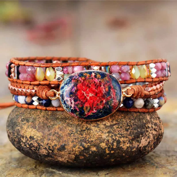 Pulsera envolvente de agalmatolita con piedra emperador rosa natural de Olivenorma