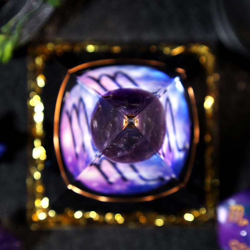 Pirámide de orgón de obsidiana con bola de amatista y grava del zodíaco de Escorpio de Olivenorma