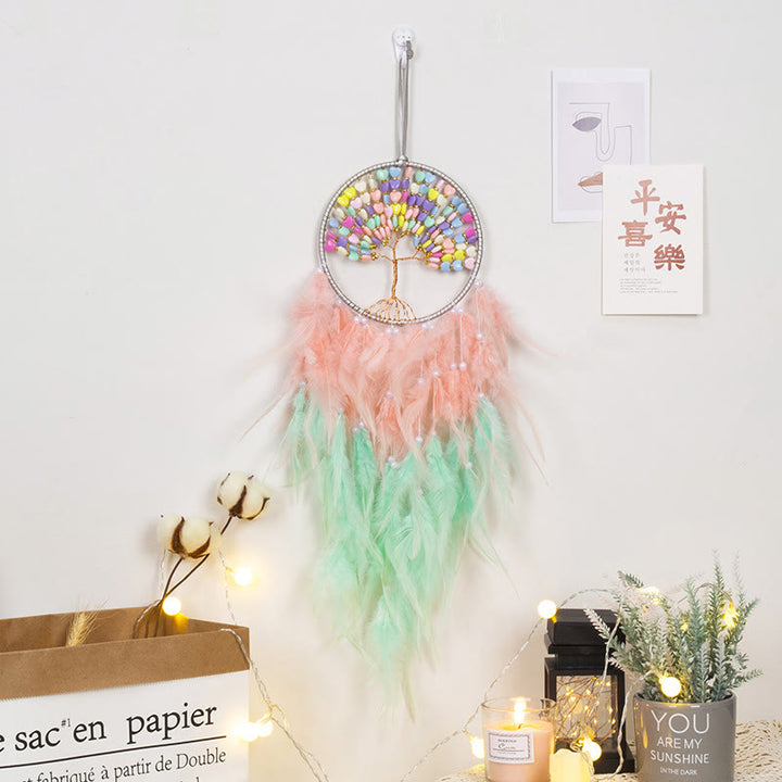 Atrapasueños de plumas rosas con forma de árbol de la vida de cristal de Olivenorma