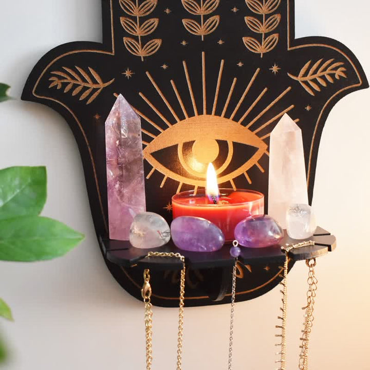 Estante de cristal para altar con sol y luna y mano de Fátima de Olivenorma 