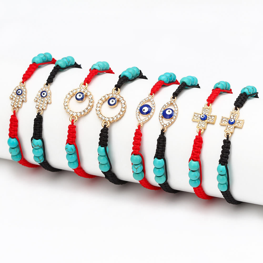 Pulsera trenzada ajustable con ojo malvado y circonita blanca y turquesa de Olivenorma 