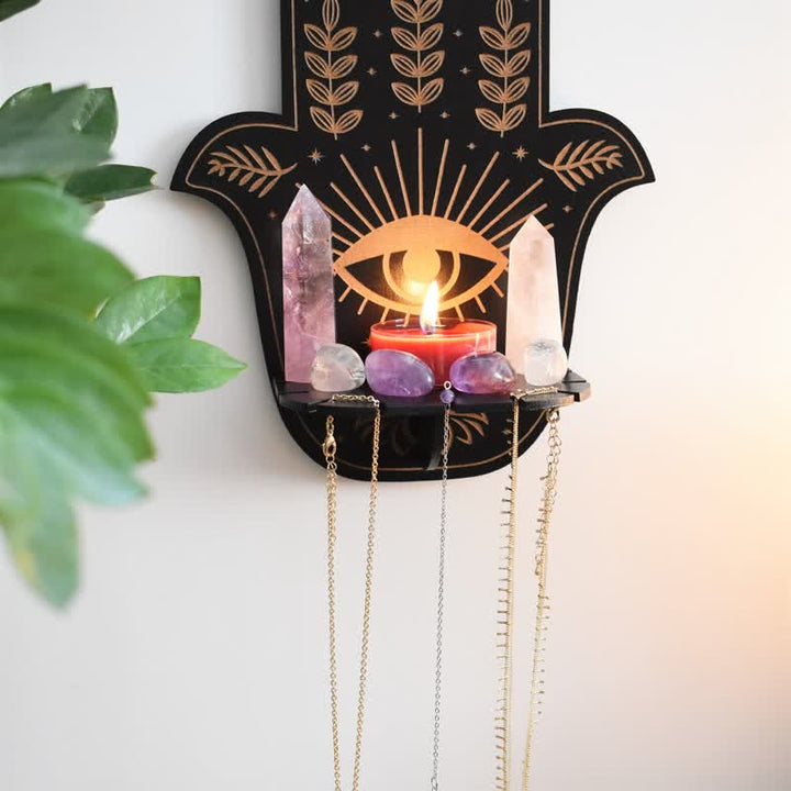 Estante de cristal para altar con sol y luna y mano de Fátima de Olivenorma 