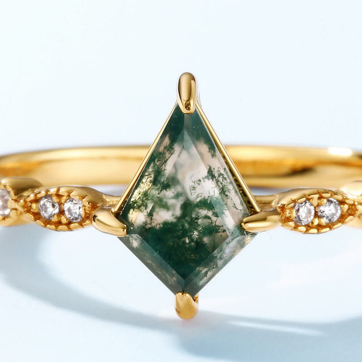 Anillo de cuatro puntas con ágata musgosa y circonita blanca de Olivenorma 