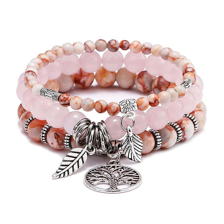 Pulsera de cuarzo rosa con el árbol de la vida de Olivenorma