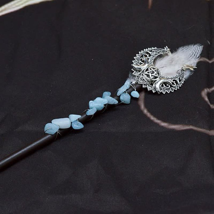 Varitas de cristal con plumas y luna de hadas naturales de Olivenorma