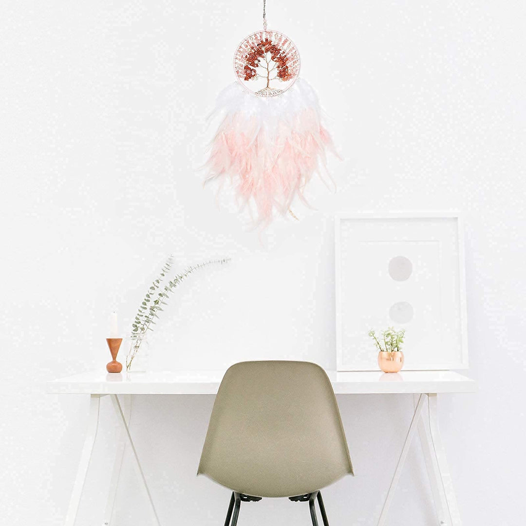 Atrapasueños de plumas rosas con forma de árbol de la vida de cristal de Olivenorma