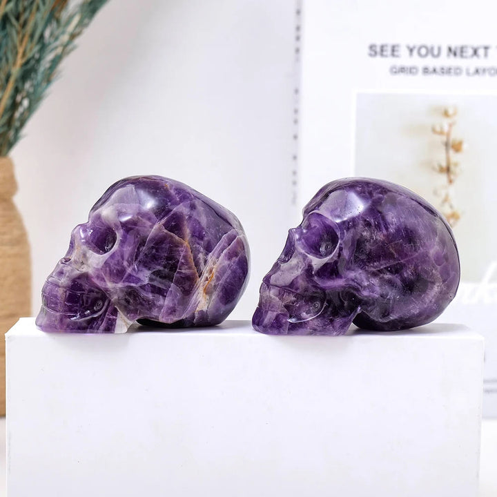 Estatua de calavera de amatista de 3 pulgadas de Olivenorma, piedra preciosa curativa decorativa 