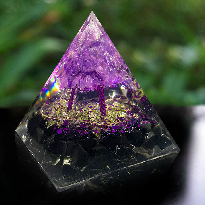 Esfera de amatista de Olivenorma con pirámide de orgón de obsidiana 