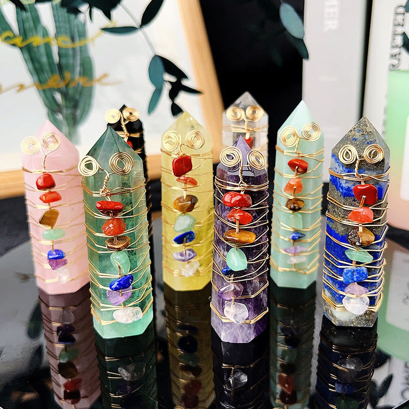 Torre de cristal de los siete chakras de Olivenorma con punta envuelta en alambre