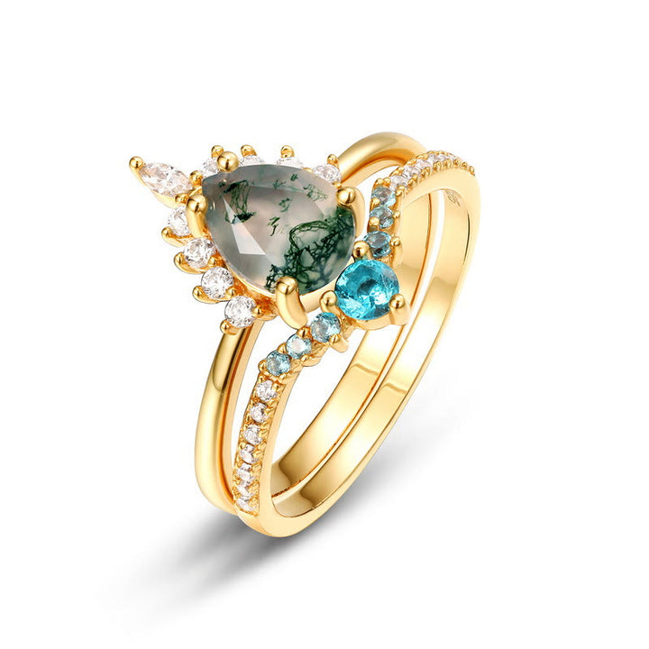 Anillo de plata 925 con ágata musgosa de Olivenorma y turmalina de Paraíba, 2 piezas