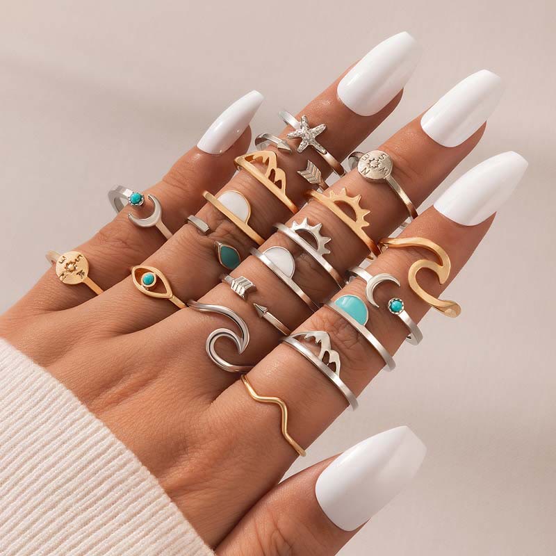 Juego de 19 anillos ajustables de turquesa y amazonita de Olivenorma 