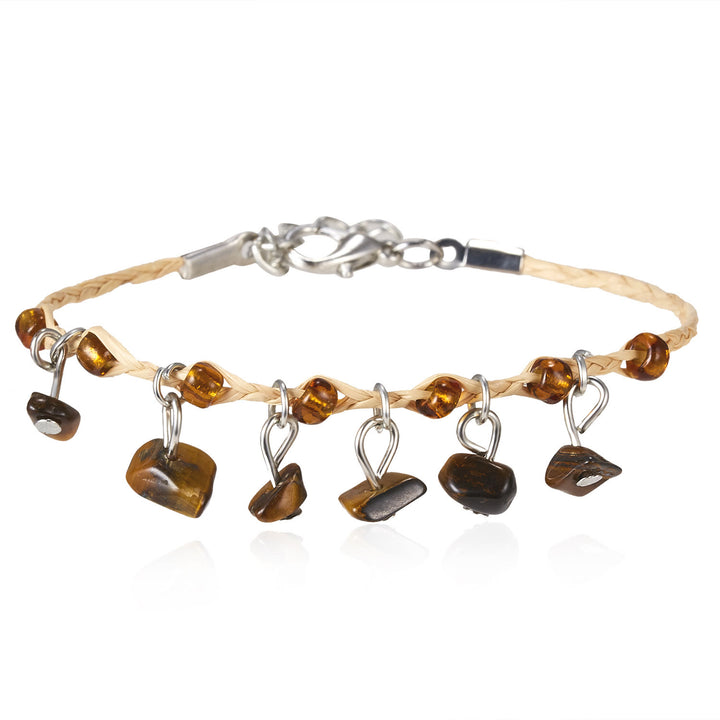 Pulsera trenzada con borlas de obsidiana, ojo de tigre y amatista de Olivenorma