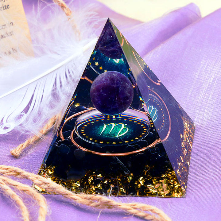 Pirámide de orgón del zodiaco Virgo con esfera de amatista y obsidiana de Olivenorma 
