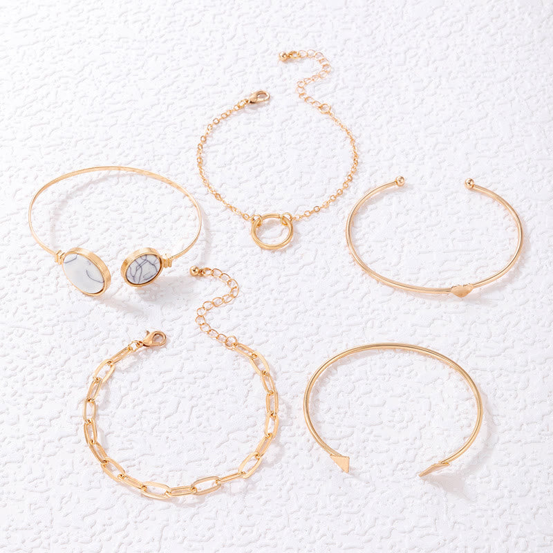 Conjunto de cinco pulseras abiertas de aleación de piedra natural Olivenorma