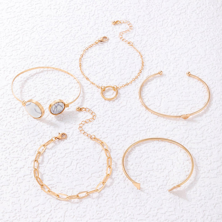 Conjunto de cinco pulseras abiertas de aleación de piedra natural Olivenorma